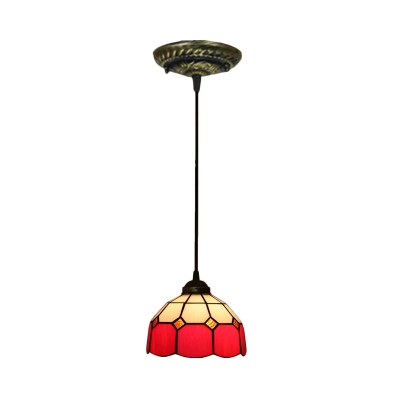 1-Head Dining Room Drop Pendant Baroque Bronze Hanging Lamp with Bowl Red/Pink/Blue Glass Shade