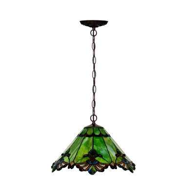 2 Lights Pendant Lighting Mission Conical Green Glass Hanging Chandelier for Dining Room