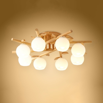 3/5/8 Lights Dining Room Flush Light Nordic Wood Ceiling Mount Chandelier with Dome Milky Glass Shade
