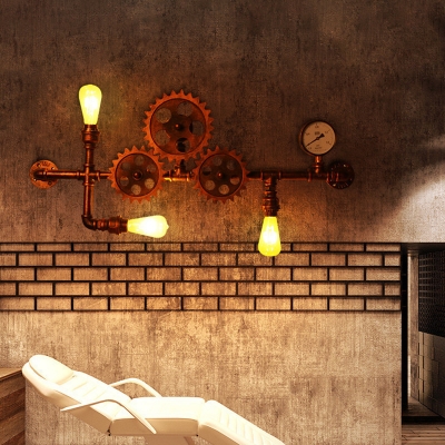 3/5-Light Water Pipe Wall Light Cyberpunk Rust Iron Wall Mounted Lamp with Gear/Pressure Gauge Decor