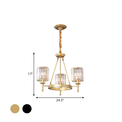 3/6/10-Bulb Chandelier Lighting Postmodern Cylinder Clear Crystal Hanging Pendant in Black/Gold