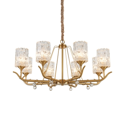 3/6/8 Heads Cylindrical Hanging Light Postmodern Brass Clear Textured Glass Chandelier over Table