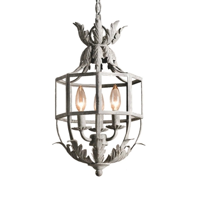 3-Head Wrought Iron Pendant Chandelier Farmhouse White/Grey Cage Bedroom Ceiling Suspension Lamp