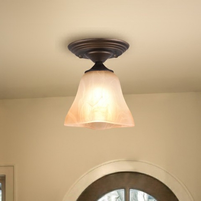 Amber Alabaster Glass Bell Flush Light Traditional 1 Head Corridor Semi Flush Mount Lamp in Brown