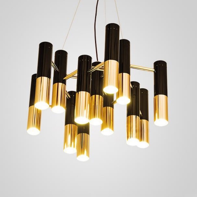 Black and Gold Tube Chandelier Postmodern Style 7/13/19-Bulb Metal Hanging Light Fixture