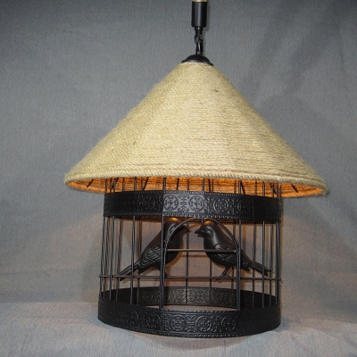 Black Birdcage Ceiling Pendant Farmhouse Iron Single Dining Room Plant Hanging Lamp with Conical Rope Top