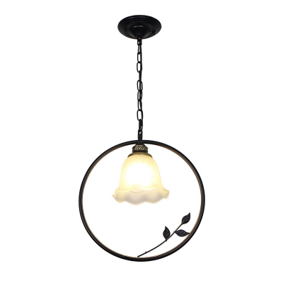 Black Single Drop Pendant Farmhouse Opal Glass Bell/Ruffle/Flower Hanging Light Kit with Circle and Leaf Decor