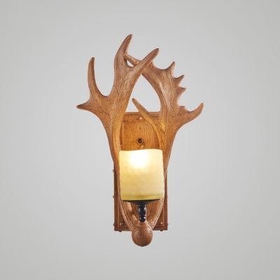 Brown Antler Wall Light Fixture Country Resin 1/2-Head Bistro Wall Lamp with Cylinder Glass Shade
