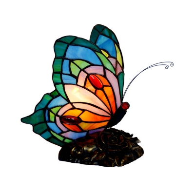 Butterfly Night Table Lamp Tiffany Hand-Cut Stained Glass 1-Light Blue Nightstand Light