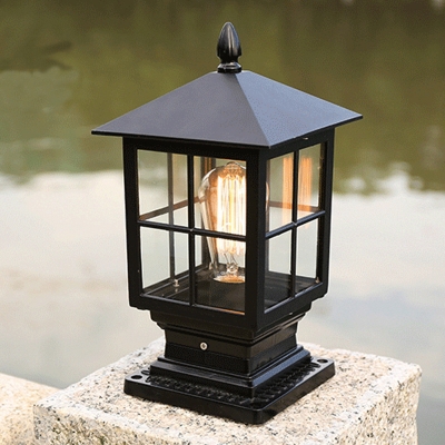 Classic Lantern Post Lighting 1 Bulb Transparent Glass Landscape Lamp in Black/Bronze for Outdoor