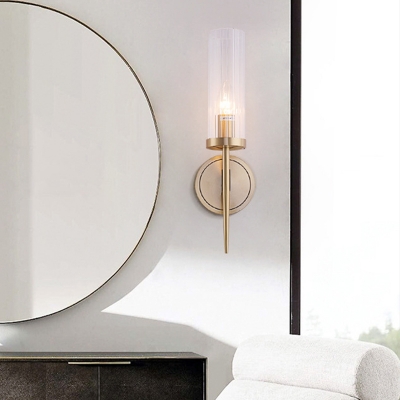 Clear Fluted Glass Tube Wall Sconce Postmodern 1/2-Head Brass Wall Mounted Lamp with Rod Stem
