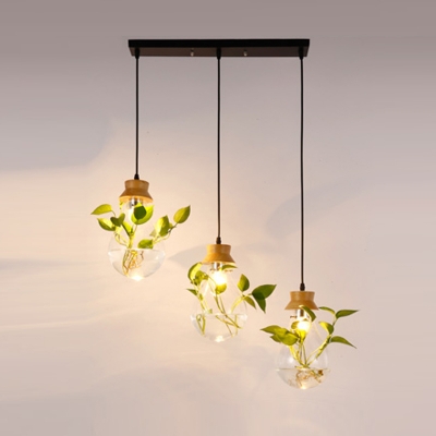 Clear Glass Teardrop Plant Pendant Countryside 3-Bulb Restaurant Ceiling Light in Black/Wood, Round/Linear Canopy