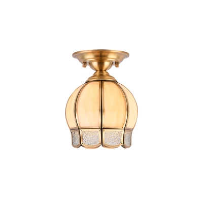 Cone/Dome Foyer Semi Flush Mount Traditional White/Textured Glass Single Brass Ceiling Light with Scalloped Trim
