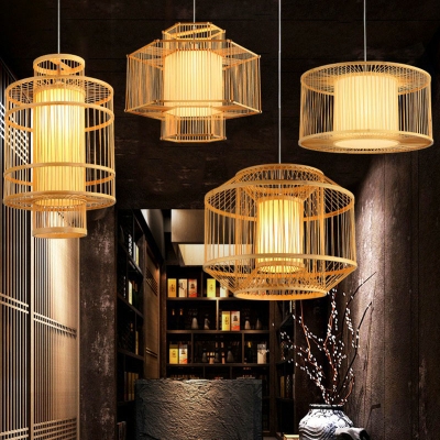 Cylinder/Drum/Hexagon Bamboo Hanging Light Asian 1 Head Wood Ceiling Hanging Lantern over Dining Table