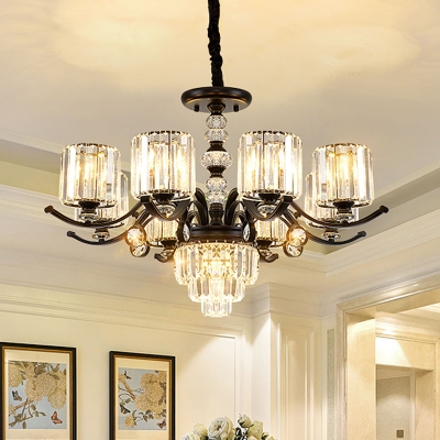 Cylindrical Crystal Prism Chandelier Vintage 12/15/18-Light Dining Room Ceiling Hang Lamp in Black