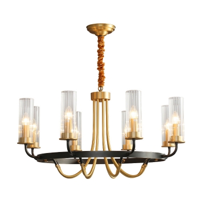 Cylindrical Ribbed Glass Ceiling Hang Light Postmodern 6/8-Bulb Dining Room Chandelier with Arch Arm in Black/Gold