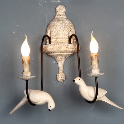 Distressed White 1/2-Bulb Wall Light Rural Wood Candle Style Wall Sconce with Bird Decor