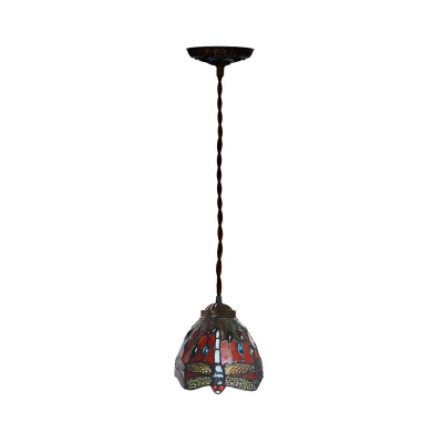 Dragonfly Patterned Glass Red Drop Lamp Bell Shaped Single Tiffany Hanging Pendant Light