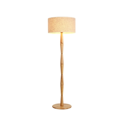Drum Fabric Floor Lamp Nordic 1 Head Beige Standing Floor Light with Wood Pole for Living Room