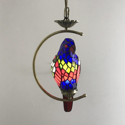 Flower/Parrot/Bell Pendulum Light 1 Head White/Red/Pink Glass Tiffany Ceiling Pendant with C-Arm in Bronze