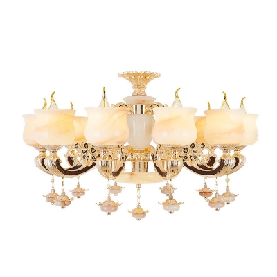 Hand-Worked Jade Candle Hanging Light Traditional 6/8/15 Bulbs Living Room Chandelier in Gold