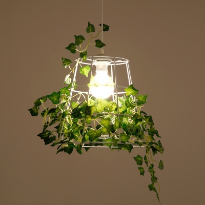 Iron White Pendant Lamp Tapered 1-Light Loft Style Ceiling Hang Light with Green Ivy Decor