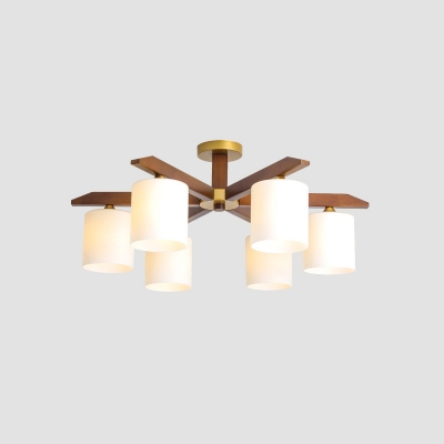 Ivory Glass Cylinder Semi Flush Chandelier Nordic 5/6/8 Lights Wood Close to Ceiling Light Fixture