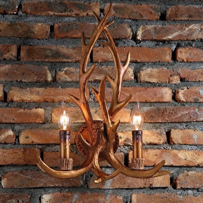 Lodge Style Antler Wall Light Kit 2-Head Resin Wall Mounted Light Fixture in Brown