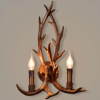 Lodge Style Antler Wall Light Kit 2-Head Resin Wall Mounted Light Fixture in Brown