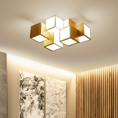 Matrix Cube Wood Flush Mount Novelty Modern 1/3/6-Light LED Ceiling Light Fixture in Warm/White/3 Color Light