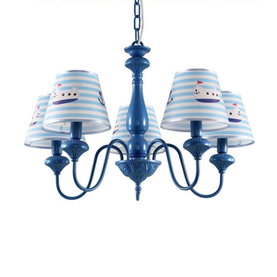 Mediterranean Conical Chandelier Patterned Fabric 5-Head Kids Bedroom Hanging Lamp in Blue