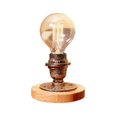 Metal Bronze Night Lamp Exposed Bulb Design 1 Head Industrial Style Table Light with Wood Base
