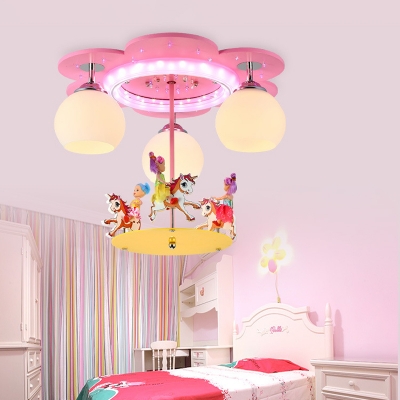 Milk Glass Dome Flush Mount Lamp Kids 3-Light Pink Close to Ceiling Light with Carousel Deco