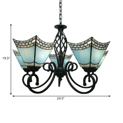Mission Pyramid Shade Hanging Pendant 5 Bulbs Light Blue Glass Up Chandelier for Dining Room
