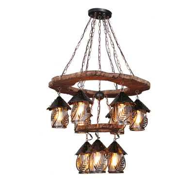 Nautical House Shaped Hanging Light 5/8/9-Bulb Clear Glass Chandelier with Wheel/Barrel/Plank Shaped Arm
