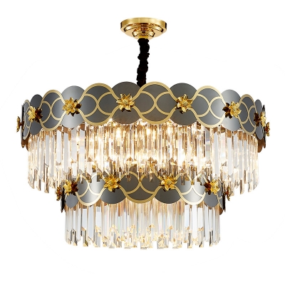 Oblong/Round Chandelier Pendant Light Post-Modern 6/9/10-Bulb Gold and Black Suspension Lamp with Floral Deco
