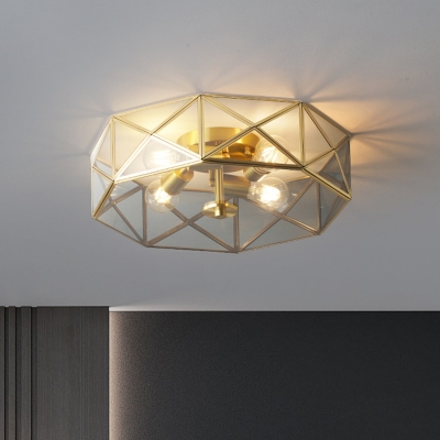 Polygon Smoke Grey Glass Flushmount Colonial 4 Heads Bedroom Close to Ceiling Lamp in Brass