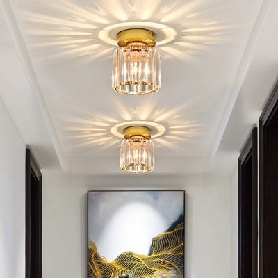 Postmodern Round/Square Small Ceiling Light Prismatic Crystal 1-Head Corridor Flush Mount Lamp in Gold