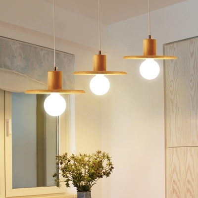 Pot Lid Shaped Dining Table Pendant Lamp Wood 3 Heads Nordic Suspension Lighting with Round/Linear Canopy