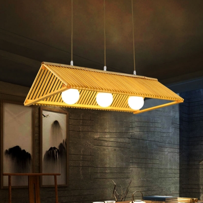 Roof Shaped Island Pendant Asian Bamboo 2/3/4-Head Restaurant Hanging Light Kit in Wood with Dome Opal Glass Shade