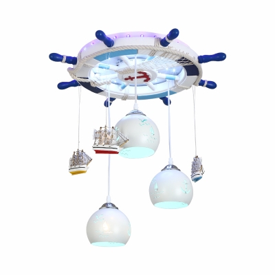 Rudder Metal Ceiling Lamp Creative 3 Lights White Flush Mount Light Fixture with Dome Carved Glass Shade