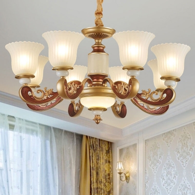 Scalloped Ribbed Frosted Glass Chandelier Traditional 10/12/15-Light Bedroom Suspension Light in Gold