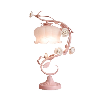 Single-Bulb White Glass Table Lamp American Garden Pink/White Floral Bedroom Night Light