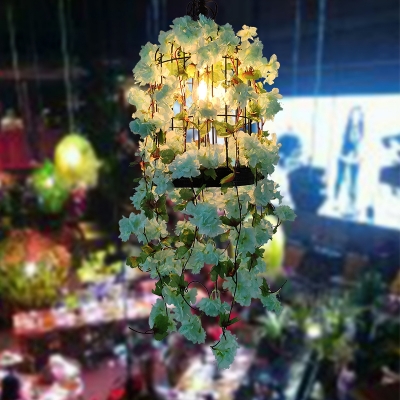 Single Iron Pendant Lighting Rustic Light Green Birdcage Dining Room Suspension Lamp with Decorative Flower