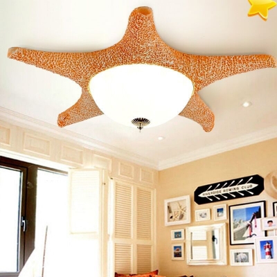 Starfish LED Flush Mounted Light Cartoon Resin Yellow/Blue Ceiling Fixture with Dome Cream Glass Shade, Warm/White Light