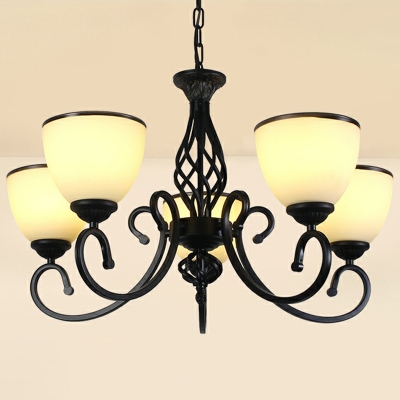 Traditional Bell Chandelier Lighting 3/5/6 Lights White/Tan Glass Ceiling Suspension Lamp in Black for Dining Room