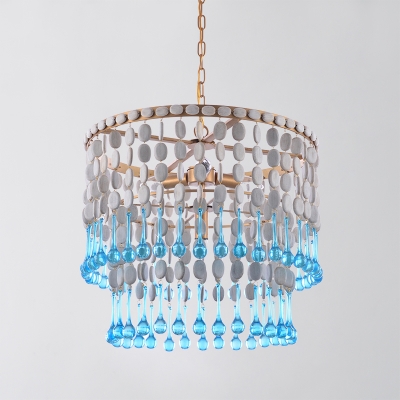 Wooden 1/2-Tiered Fringe Drop Pendant Lodge 4-Bulb Bedroom Ceiling Chandelier with Droplet in Blue-White