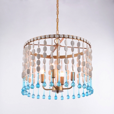 Wooden 1/2-Tiered Fringe Drop Pendant Lodge 4-Bulb Bedroom Ceiling Chandelier with Droplet in Blue-White