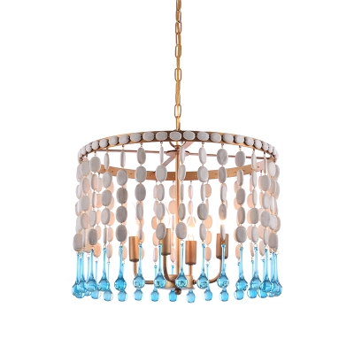 Wooden 1/2-Tiered Fringe Drop Pendant Lodge 4-Bulb Bedroom Ceiling Chandelier with Droplet in Blue-White