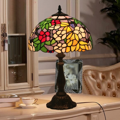 Yellow 1 Head Table Lamp Tiffany Style Dome Flower-Patterned Glass Nightstand Light